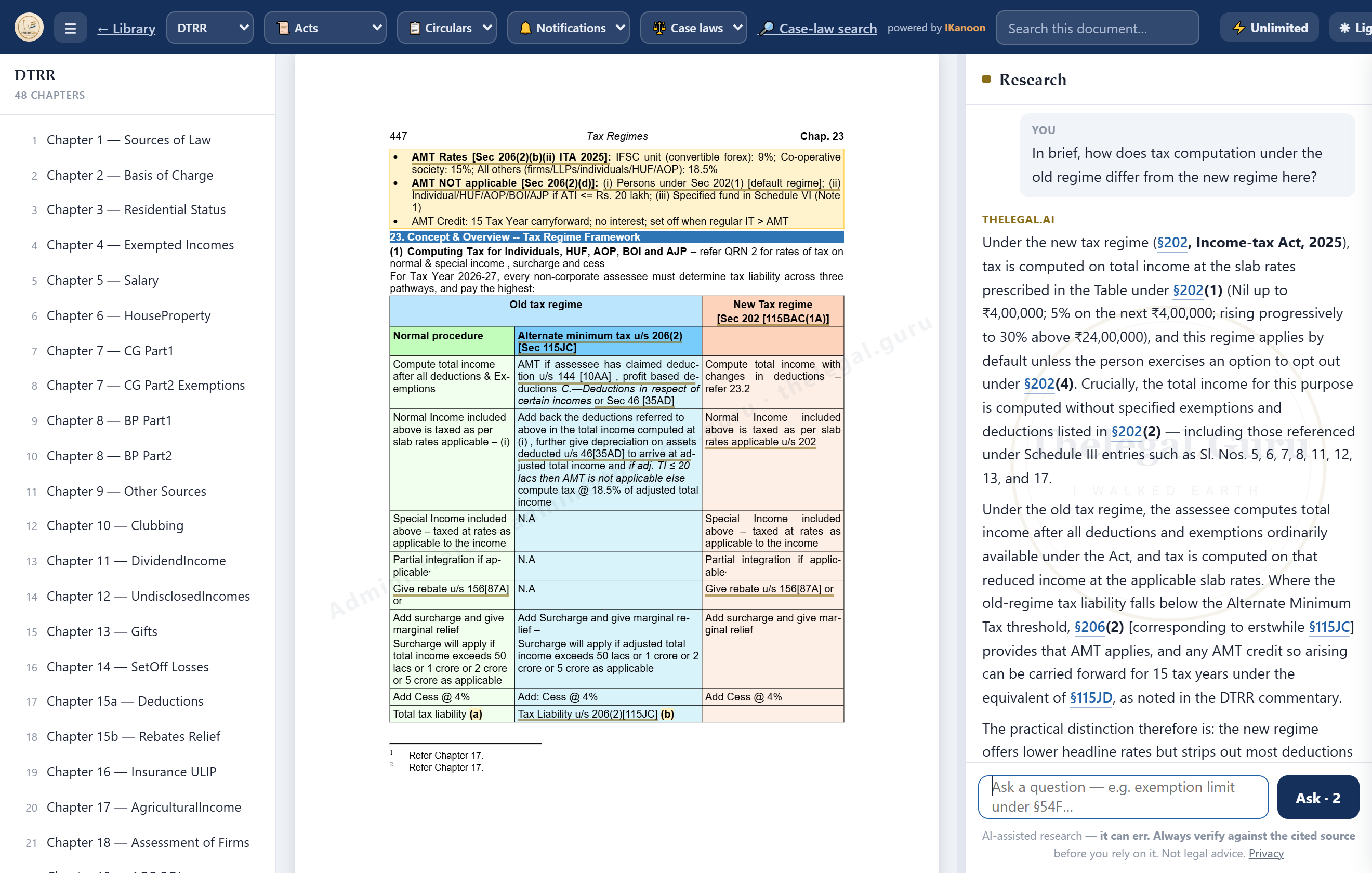The thelegal.guru reader — the Direct Taxes Ready Reckoner with the AI explaining a deduction, cited to the book