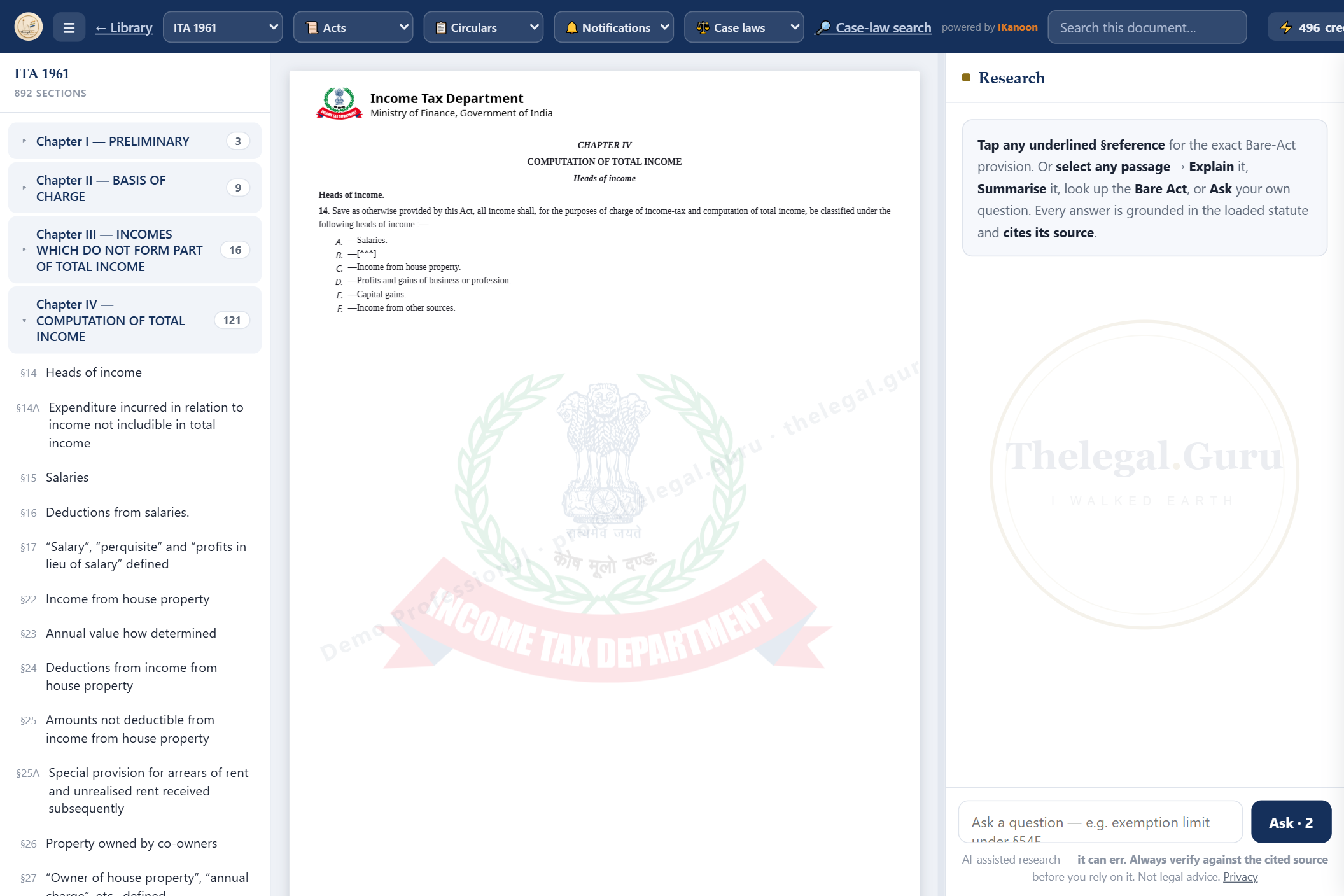 The thelegal.guru reader — the Income-tax Act with a grounded AI research panel